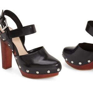 Vince Camuto wood detail heels with silver studs.